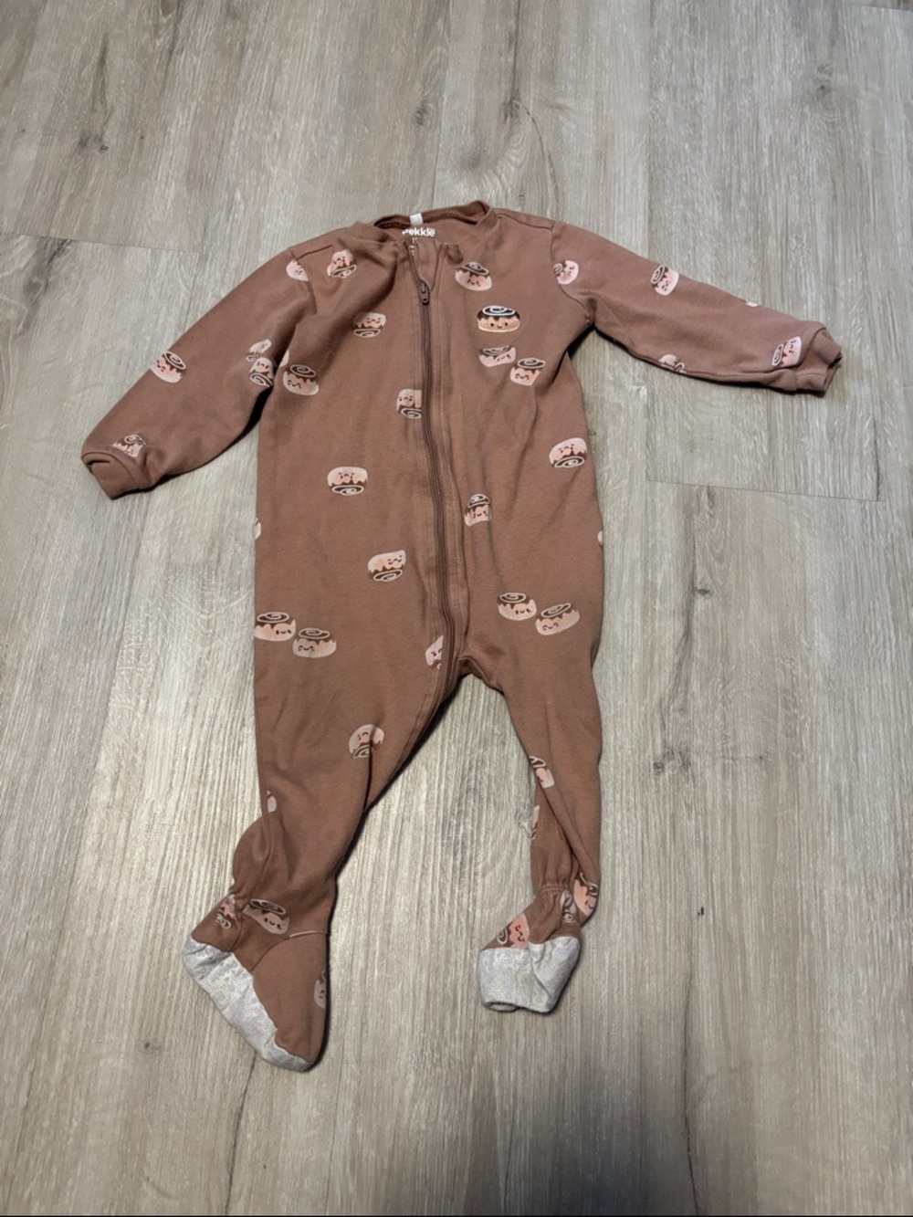 Cozy Brown Footed Baby One-Piece with Snack Print